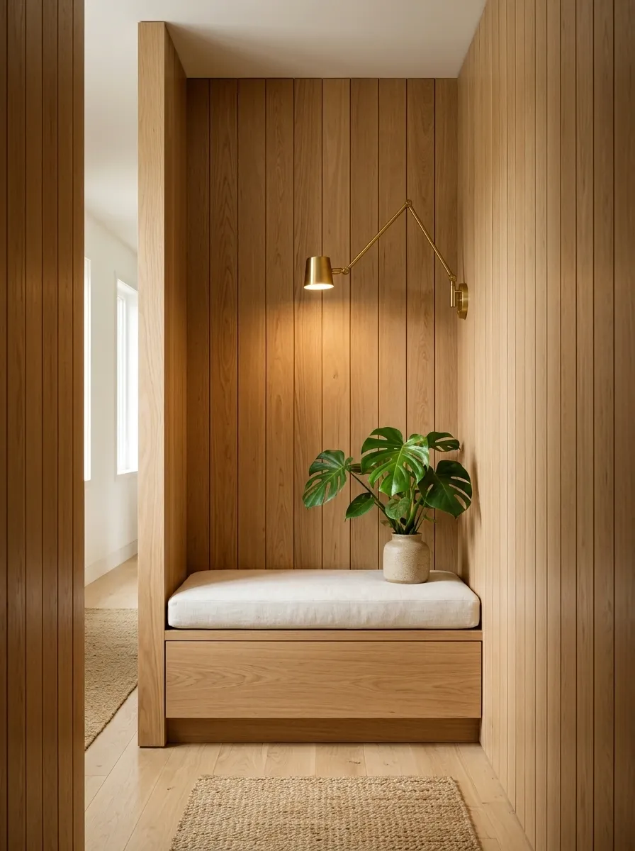 Vertical Wood Paneling With a Built-In Reading Seat