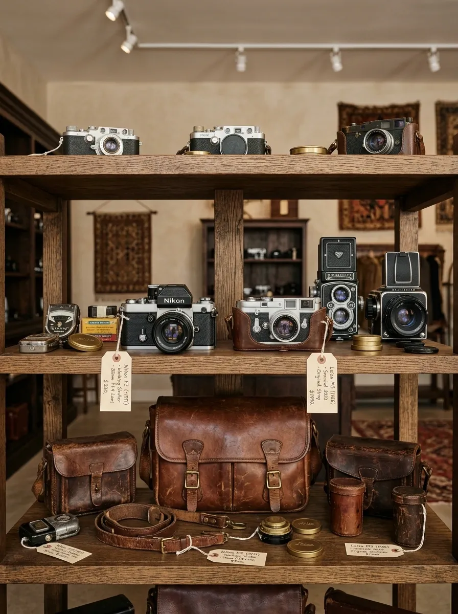 Vintage Camera and Leather Goods Shelf