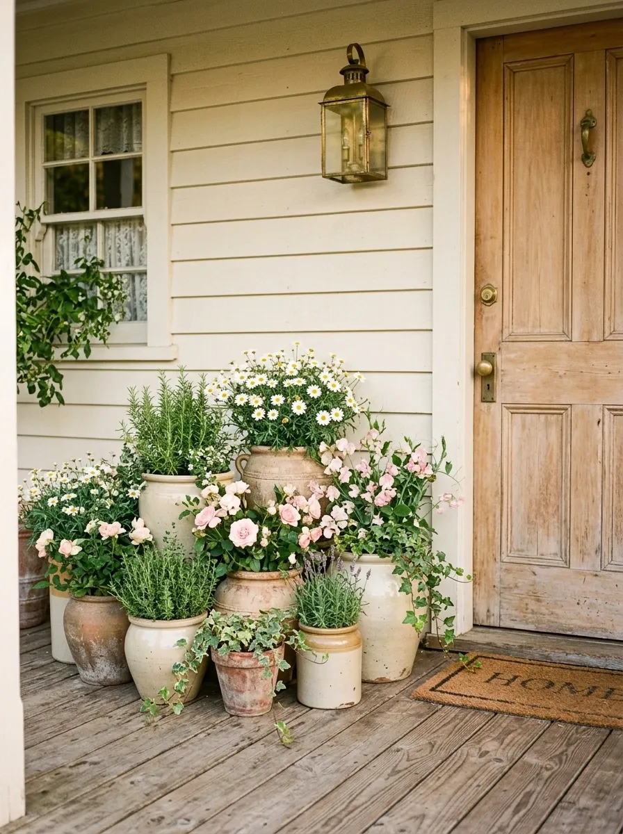 Vintage Ceramic Pots With Cottage Flowers
