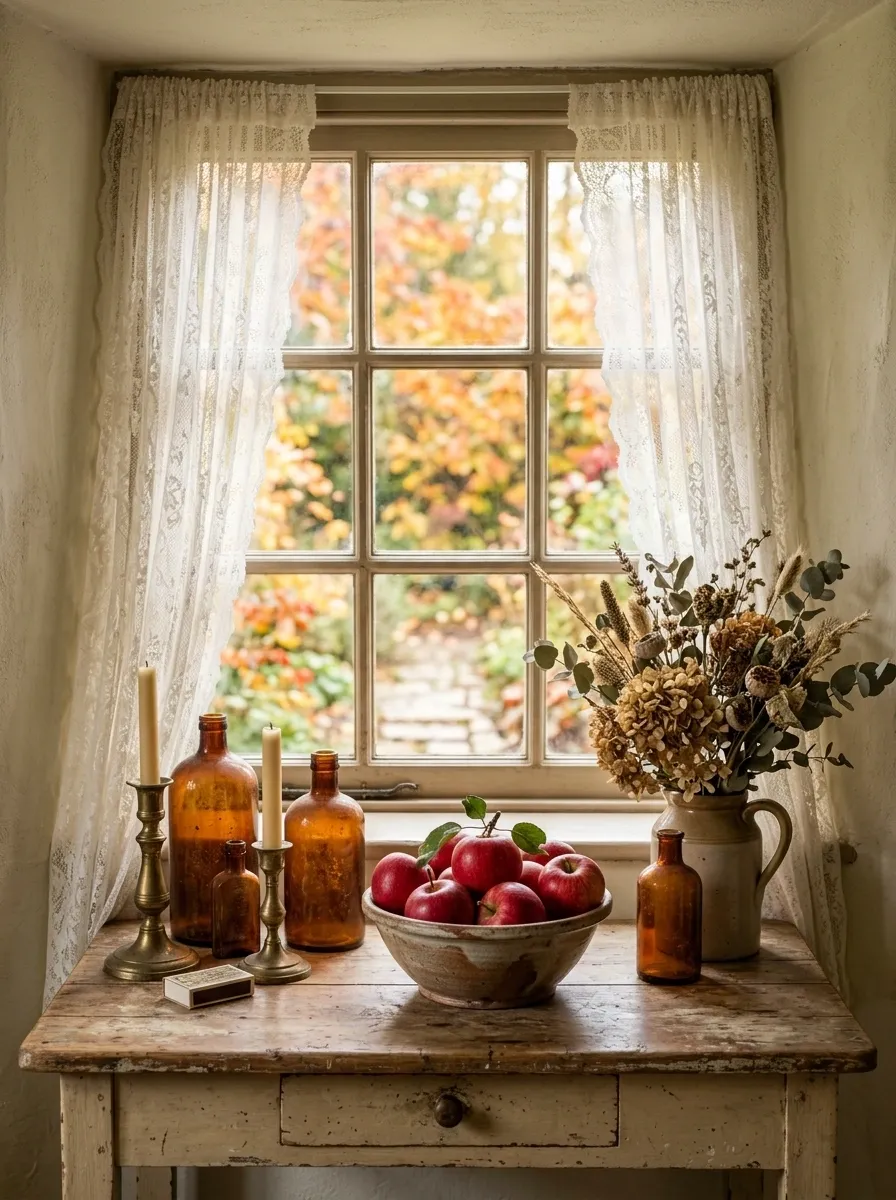 Vintage Cottage Window With Lace, Apples, and Amber Glass