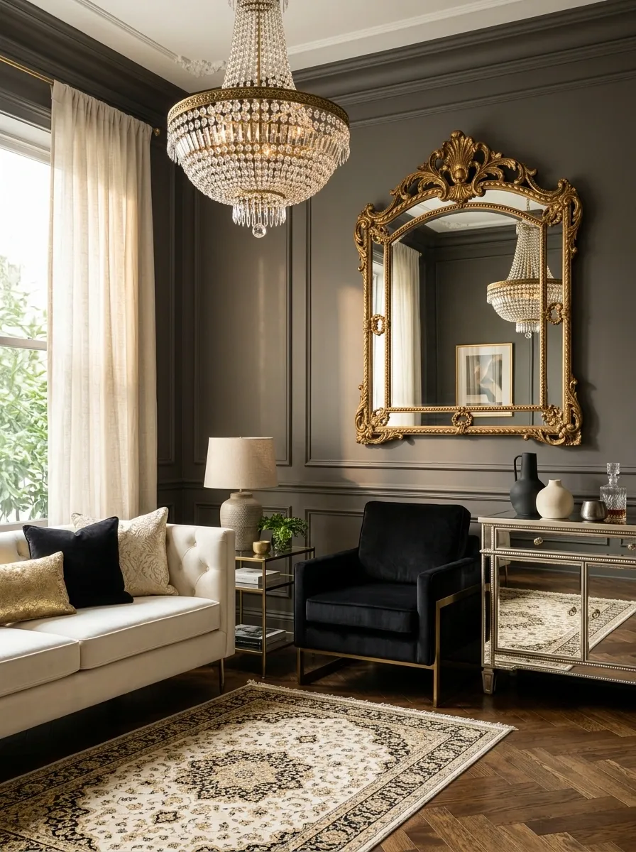Vintage Hollywood Glam Room With Mirrored and Beaded Furniture