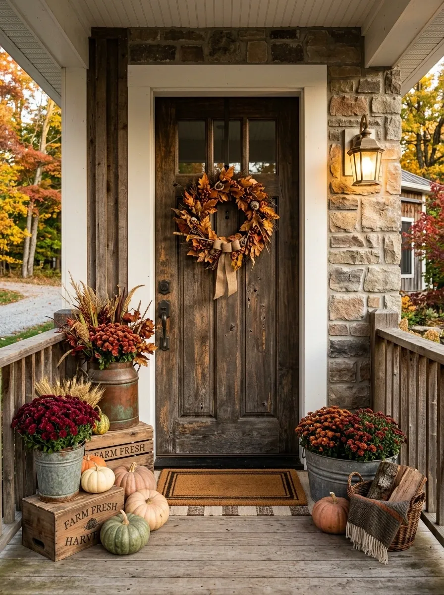 Vintage-Inspired Entry With Old Metal Buckets and Mums