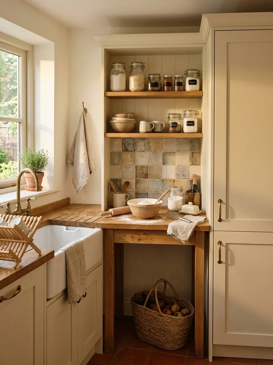 Vintage-Inspired Kitchen With a Narrow Baking Counter