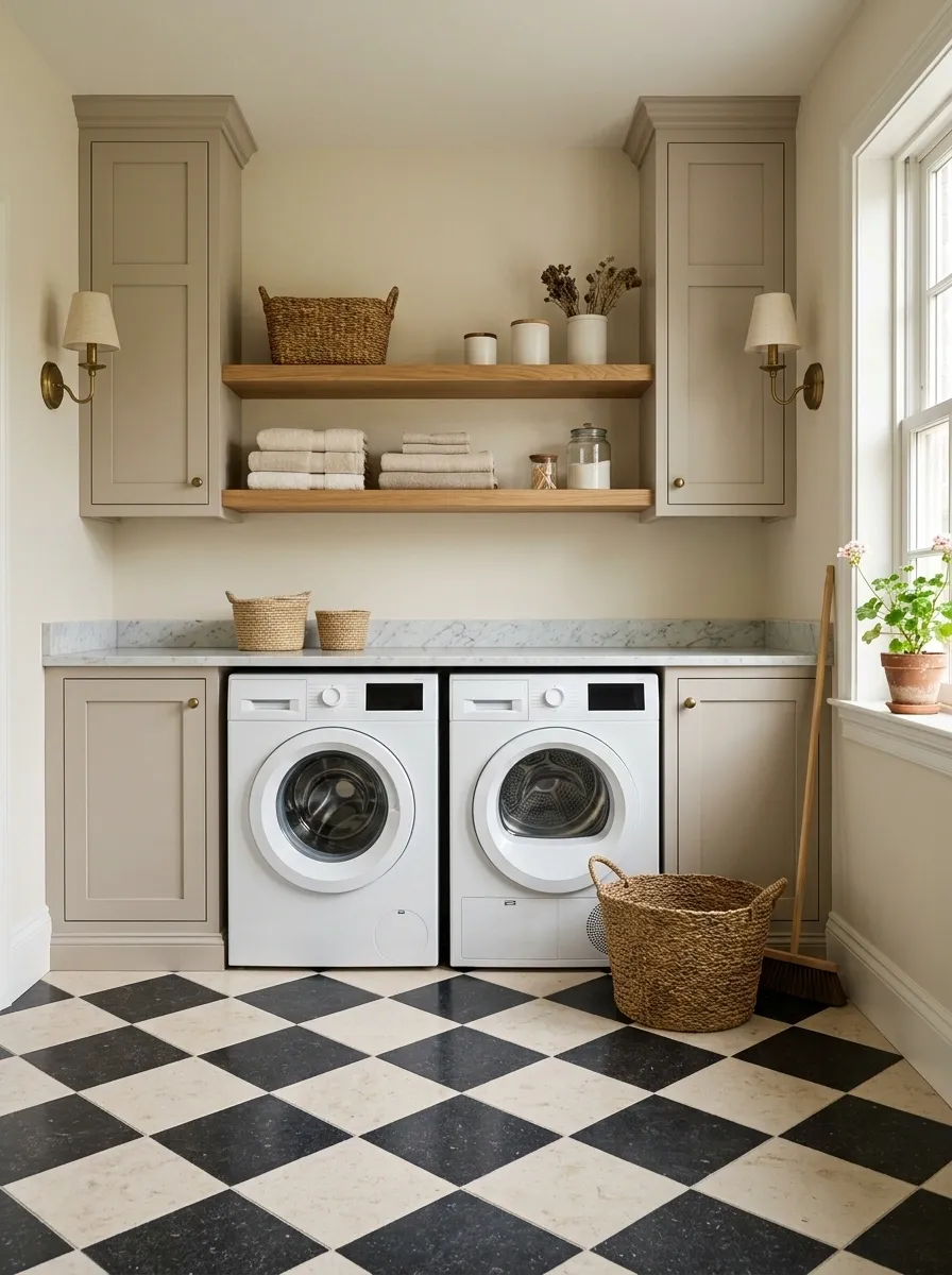Vintage-Inspired Laundry Room With Oak Shelves and Checkerboard Flooring