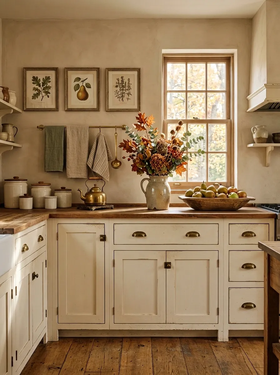 Vintage Kitchen With Warm Cream Cabinetry and Botanical Prints