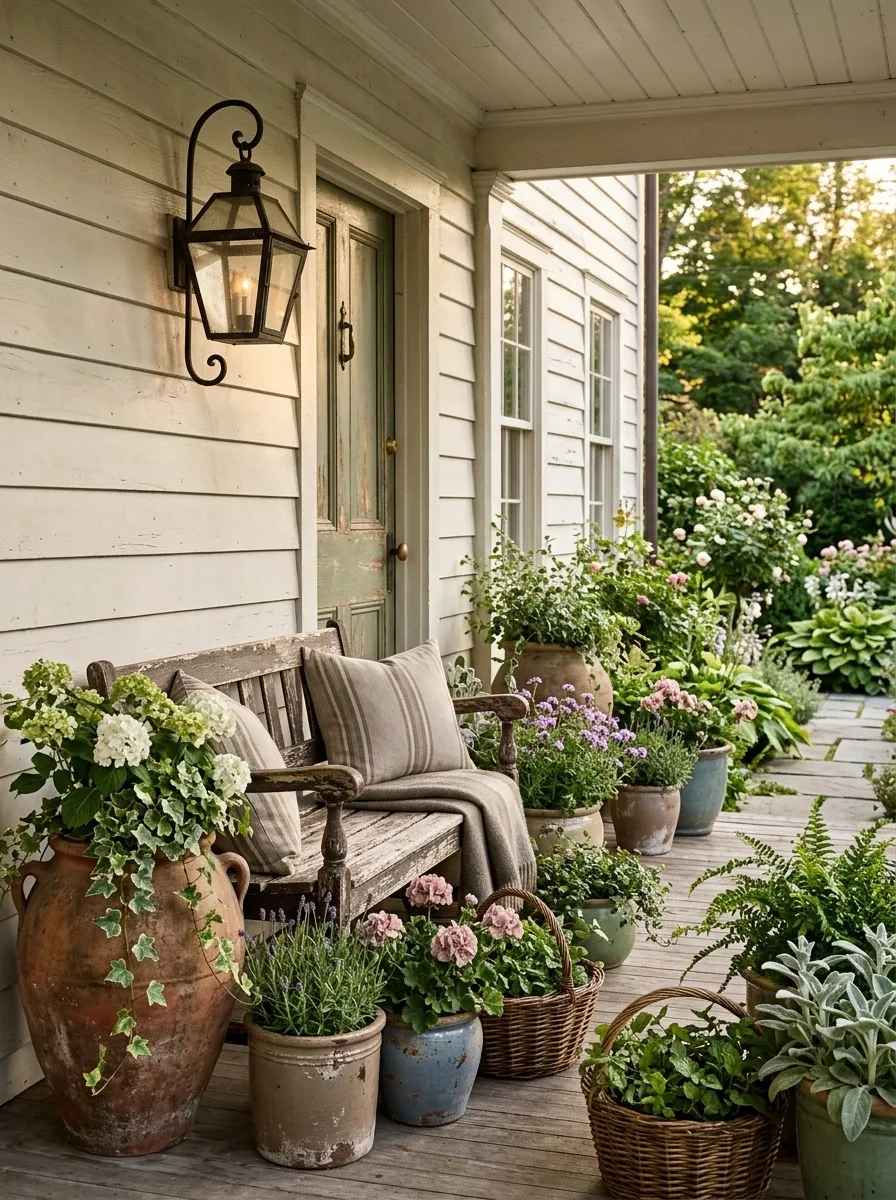 Vintage Porch With Aged Ceramic Pots and Soft Flowers