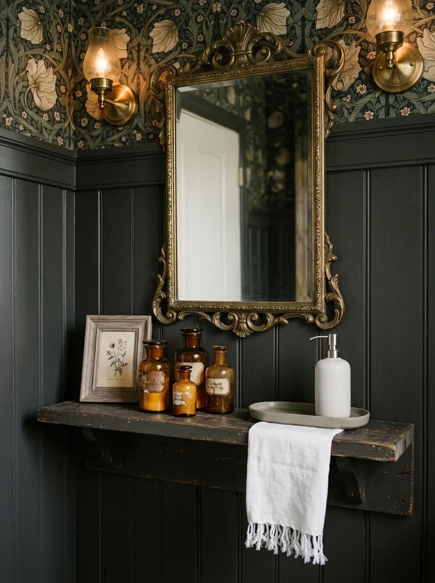Vintage Powder Room Shelf With Antiques and Framed Art