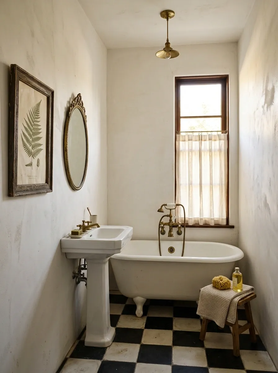 Vintage Powder Room With Café Curtain and Petite Tub