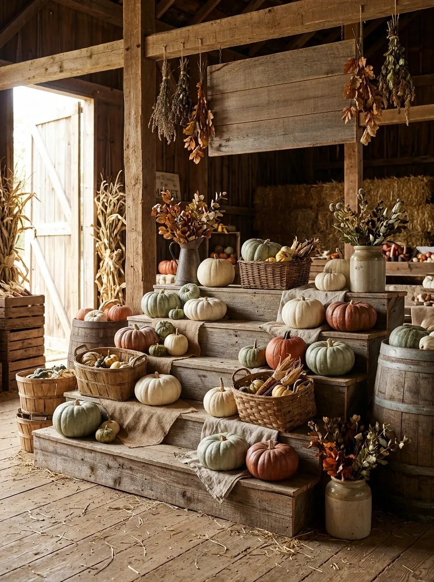 Vintage Pumpkin Market With Layered Wooden Steps