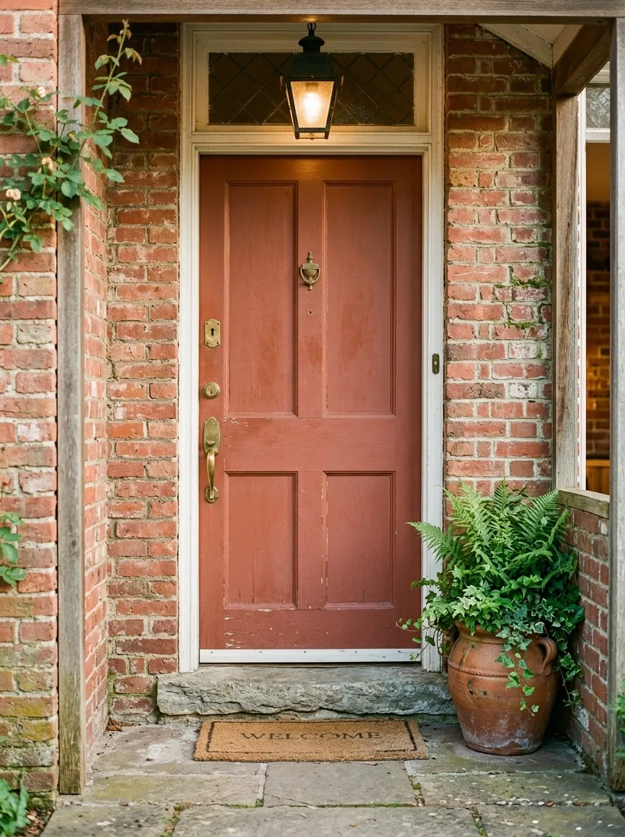 Vintage Red Door With Faded Brick Entry