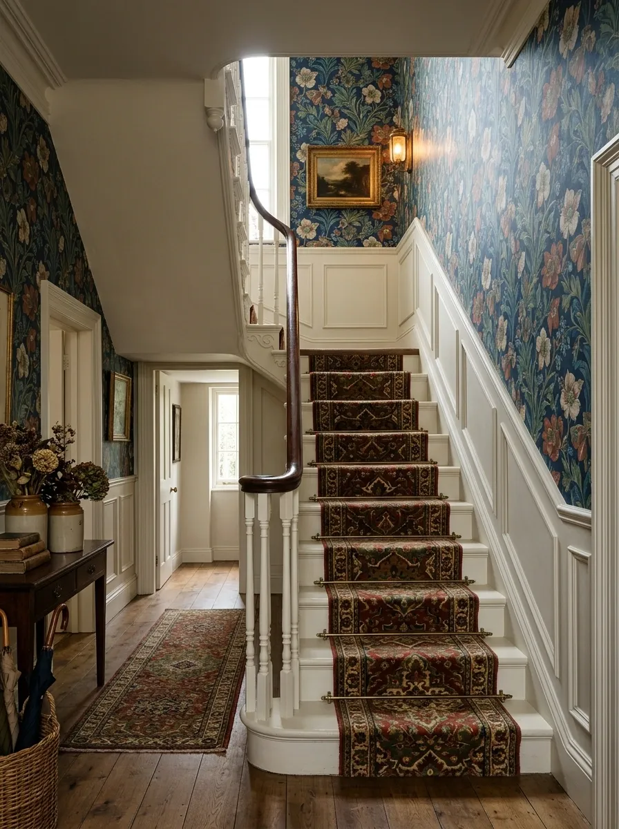 Vintage Staircase With Patterned Runner and Floral Wallpaper