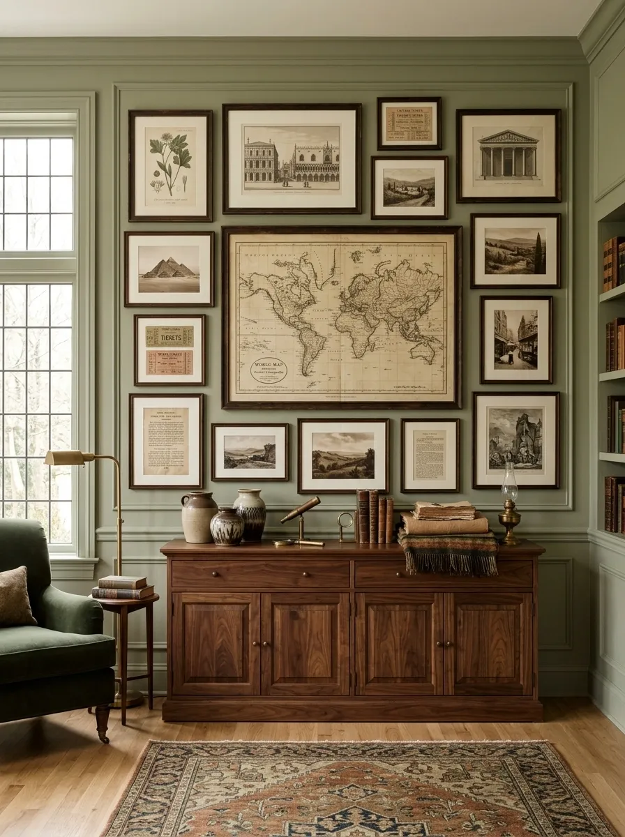 Vintage Travel Gallery Wall With Maps and Old Prints