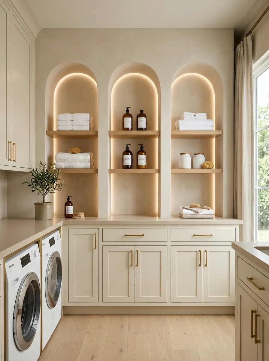 Warm Beige Laundry Room With Arched Shelf Niches