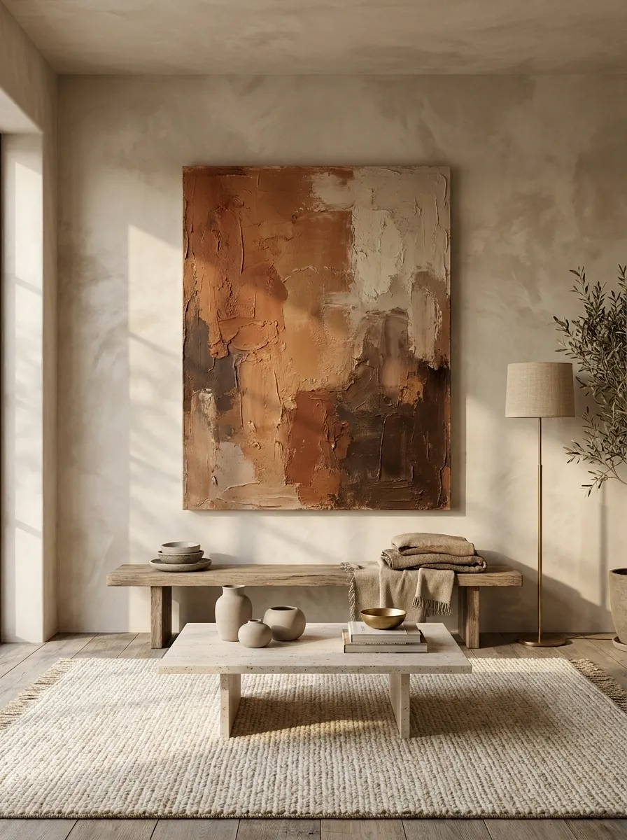 Warm Beige Roman Clay Wall with an Oversized Rust Canvas