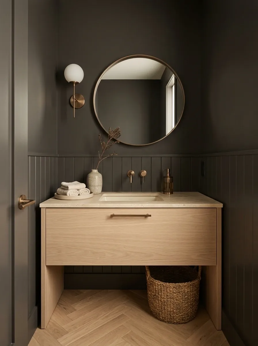Warm Charcoal Bathroom With Pale Oak and Travertine