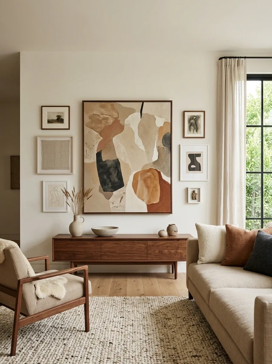 Warm Contemporary Gallery Wall With Large Abstract Art