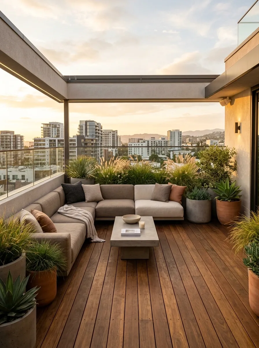 Warm Contemporary Rooftop Living Room With Low Modular Seating