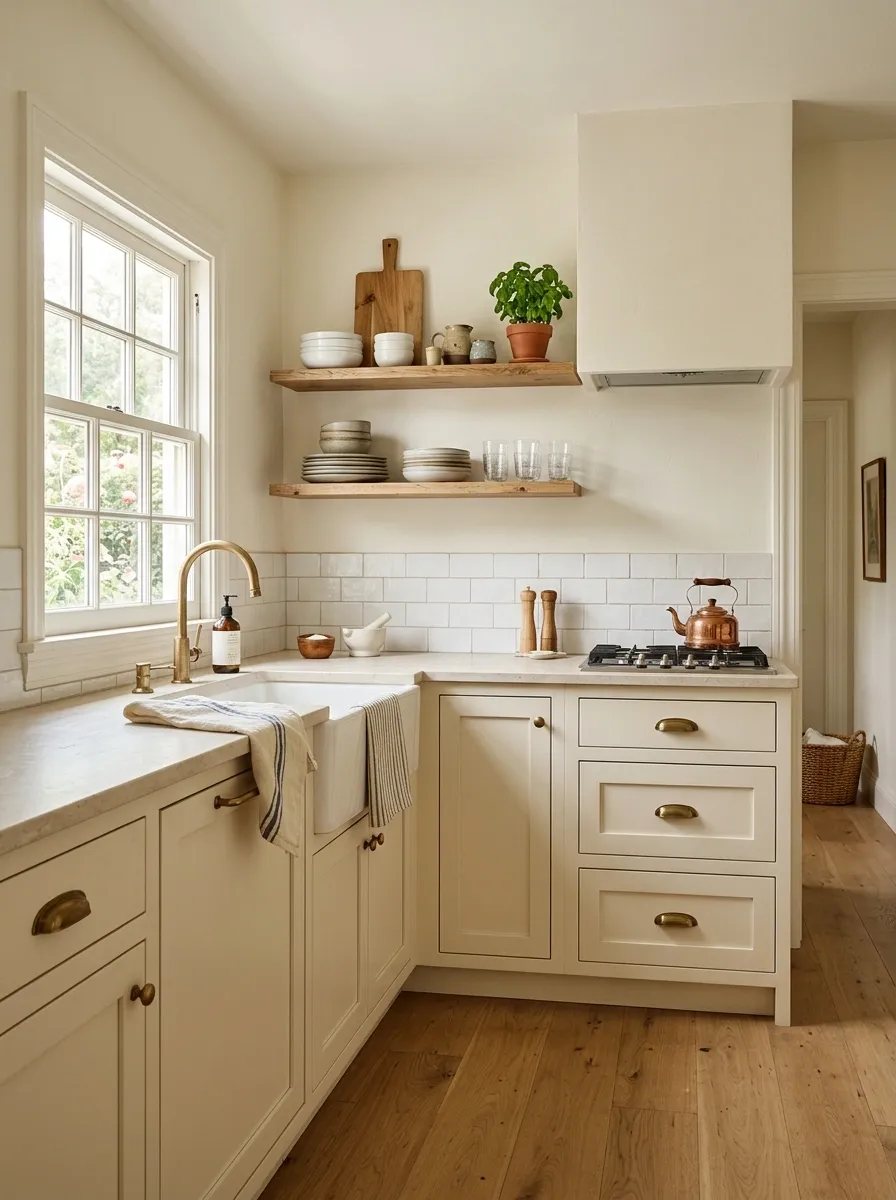 Warm Cream Kitchen With Open Shelving and Everyday Objects