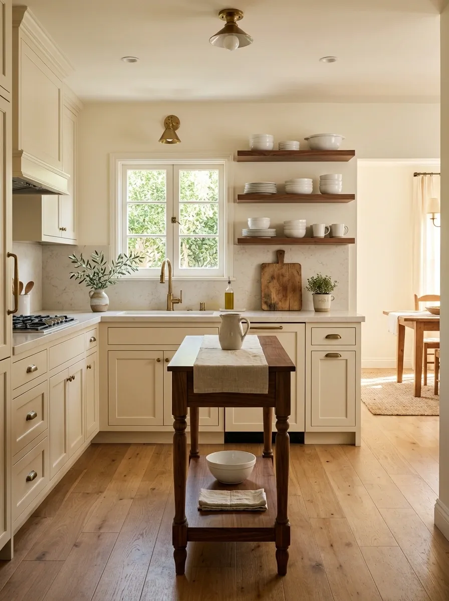 Warm Cream Kitchen With Walnut Accents