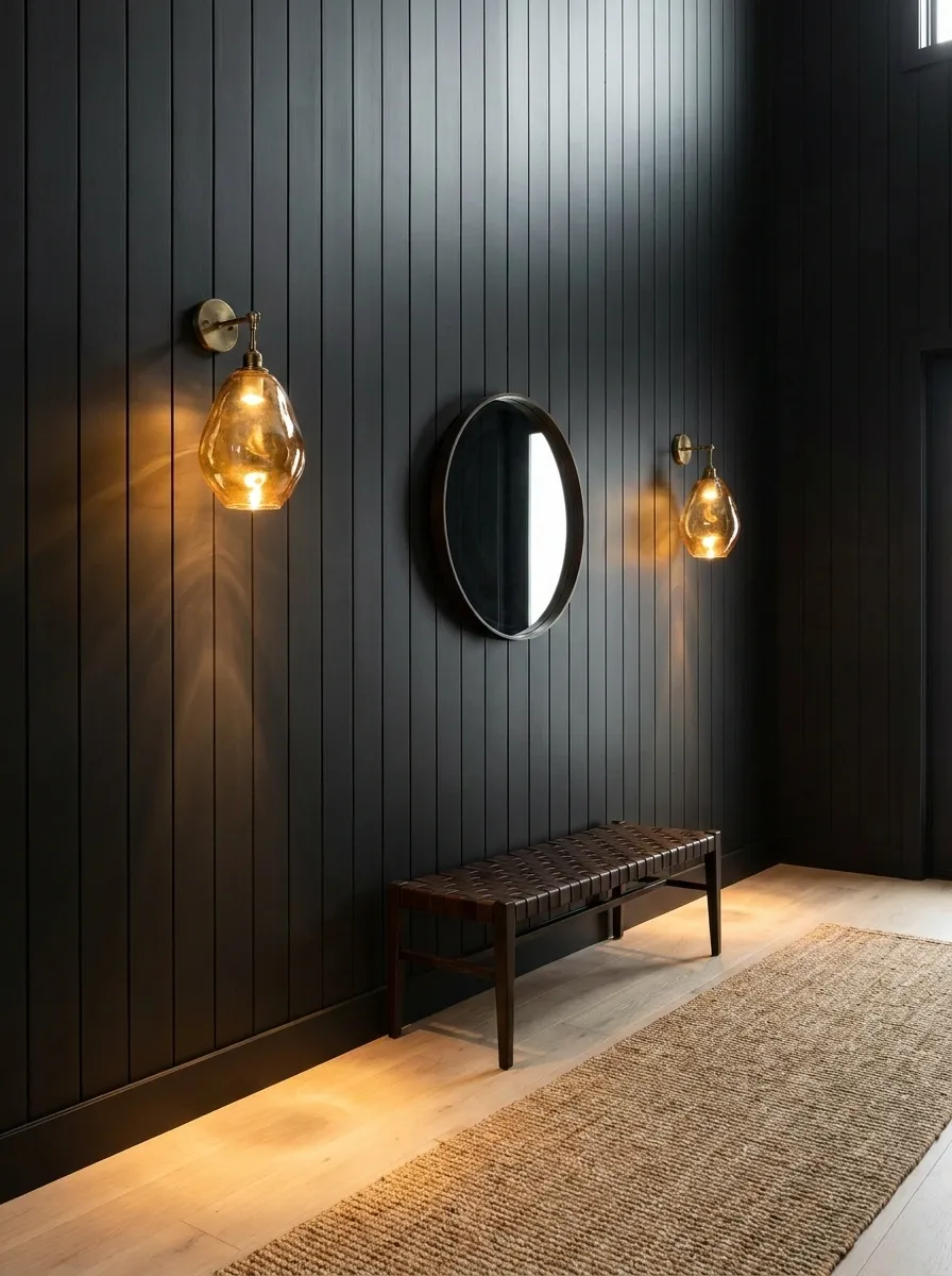 Warm Matte Black Shiplap with Amber Glass Sconces