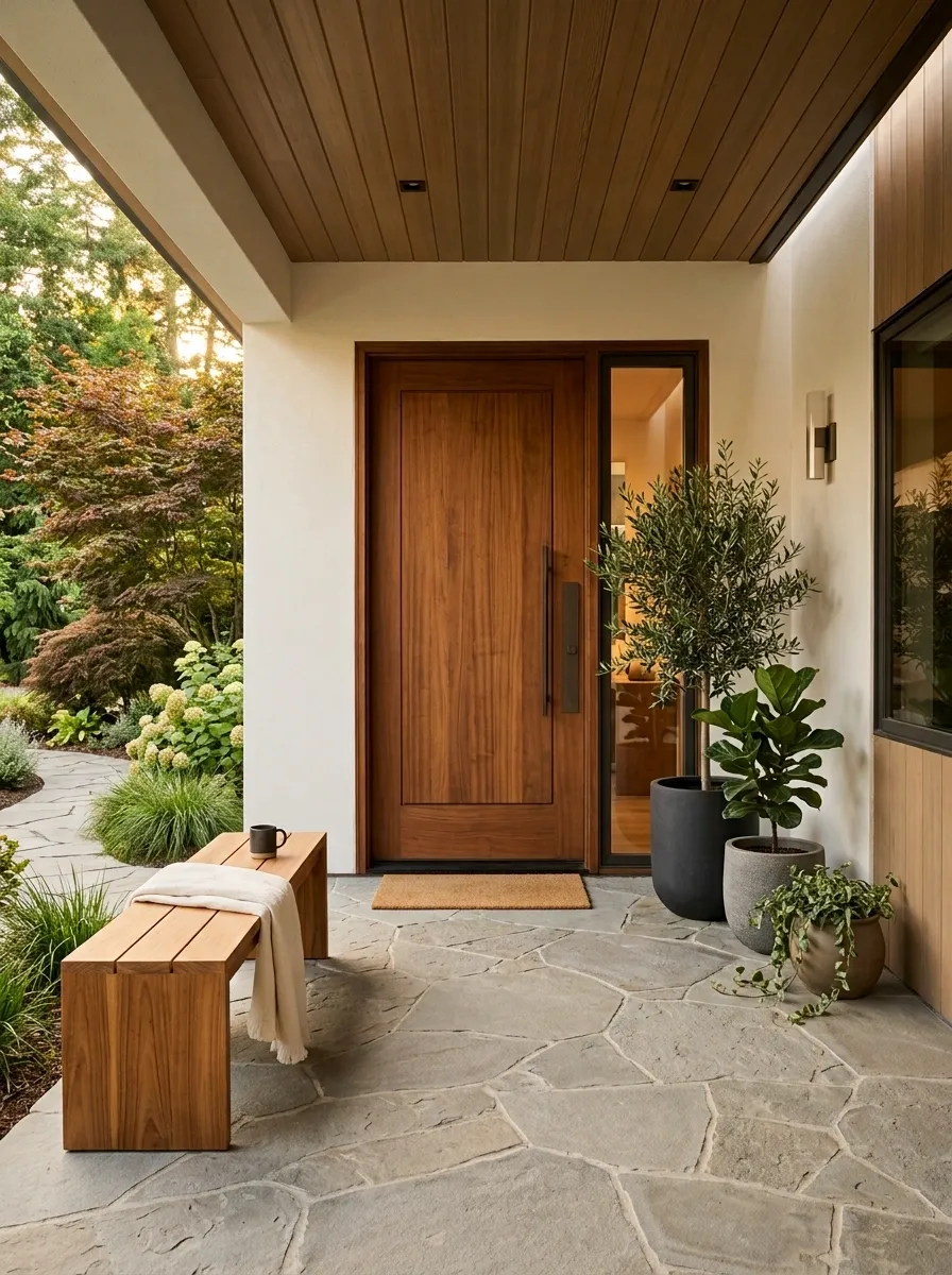 Warm Modern Porch With Low Teak Bench
