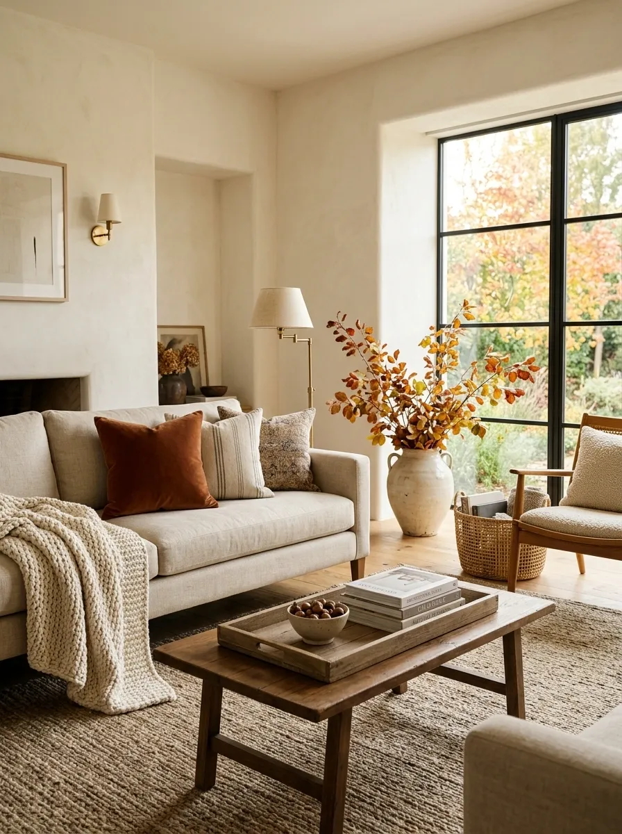 Warm Neutral Living Room With Rust Velvet and Aged Wood