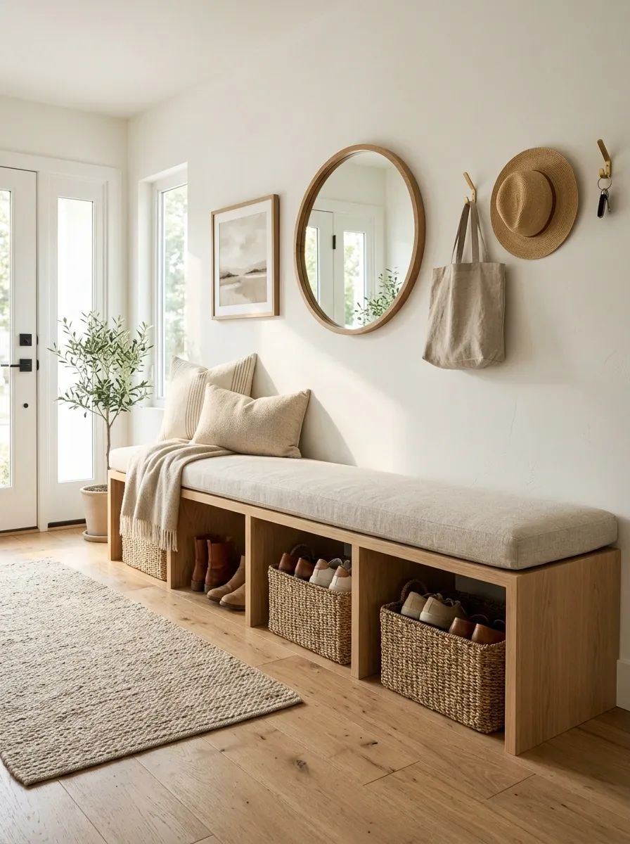 Warm Oak Bench With Woven Cubbies