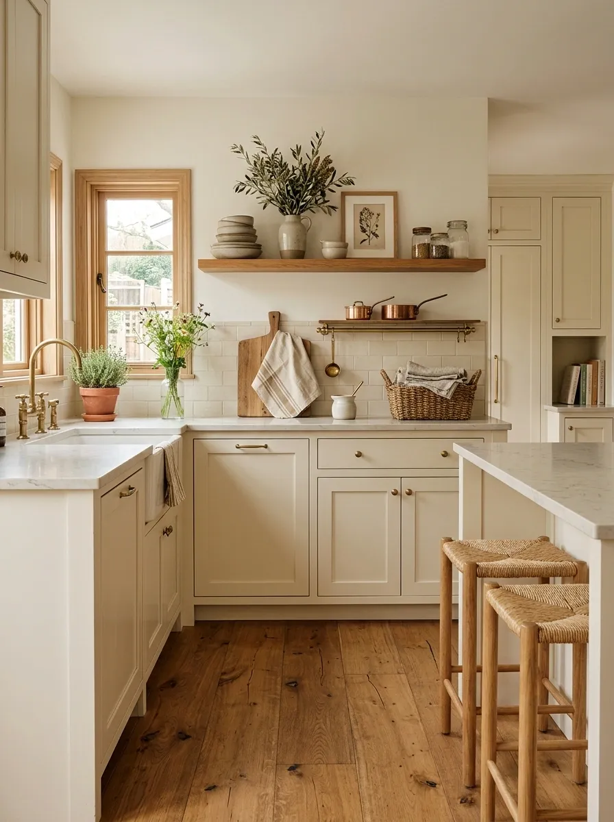 Warm Oak Kitchen With Cream Painted Cabinetry
