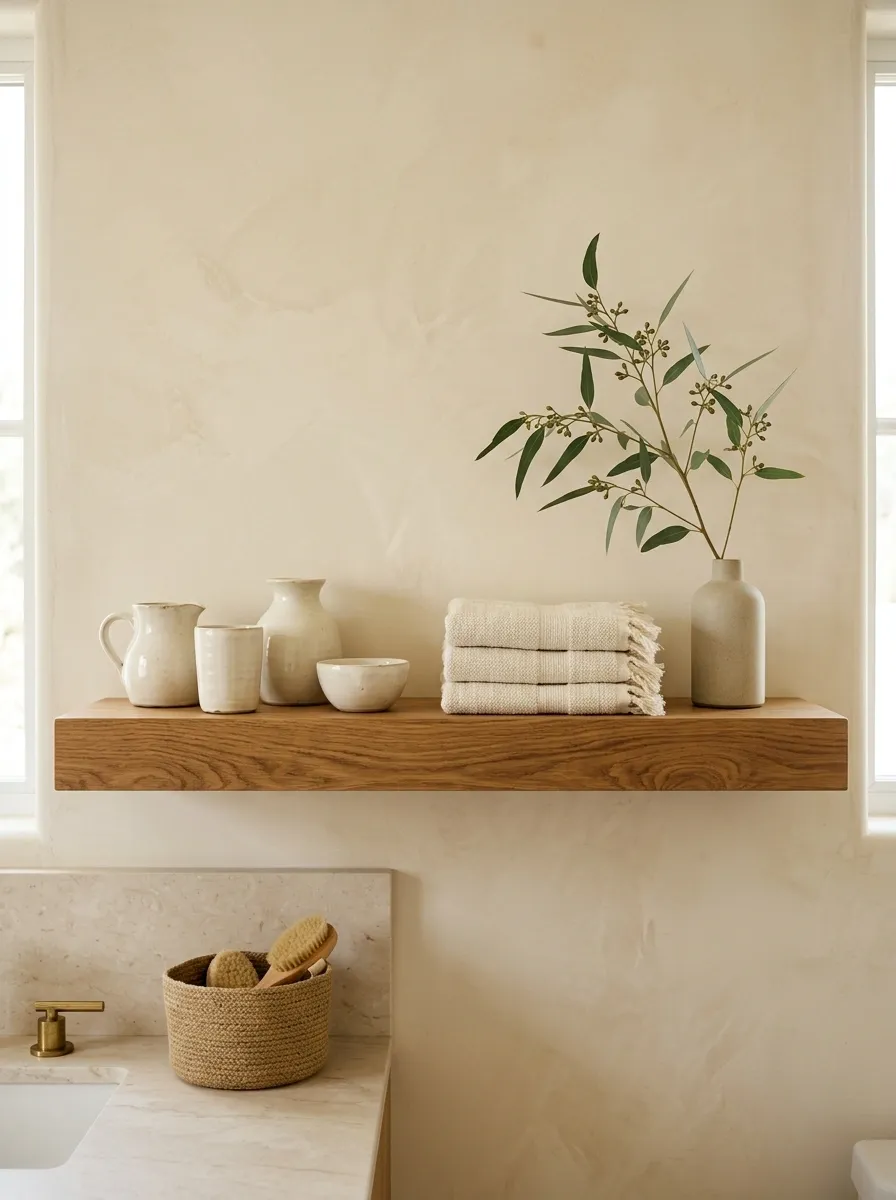 Warm Oak Shelf With Cream Ceramics and Linen Towels
