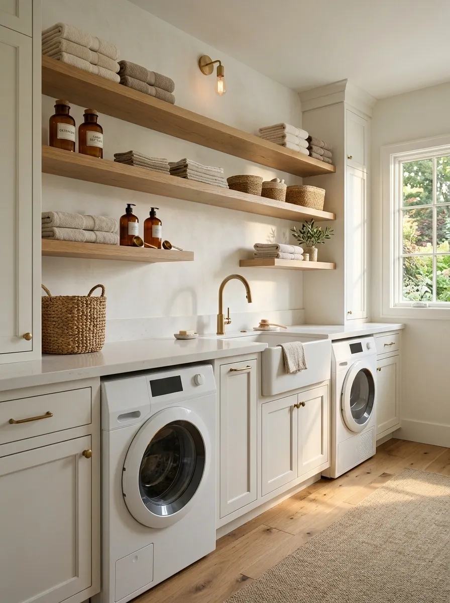 Warm Oak Shelves Above a Soft White Laundry Counter