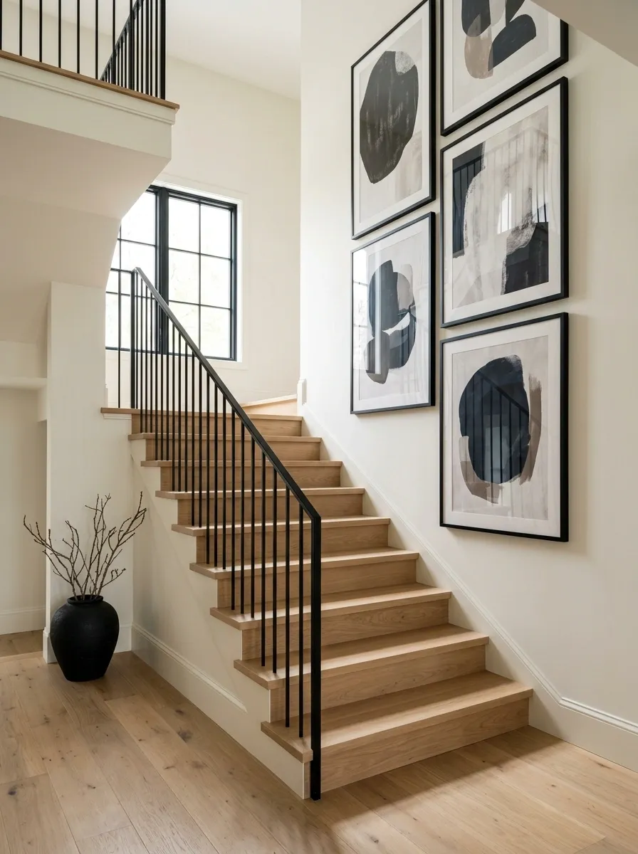 Warm Oak Staircase With a Tall Black-Framed Art Composition
