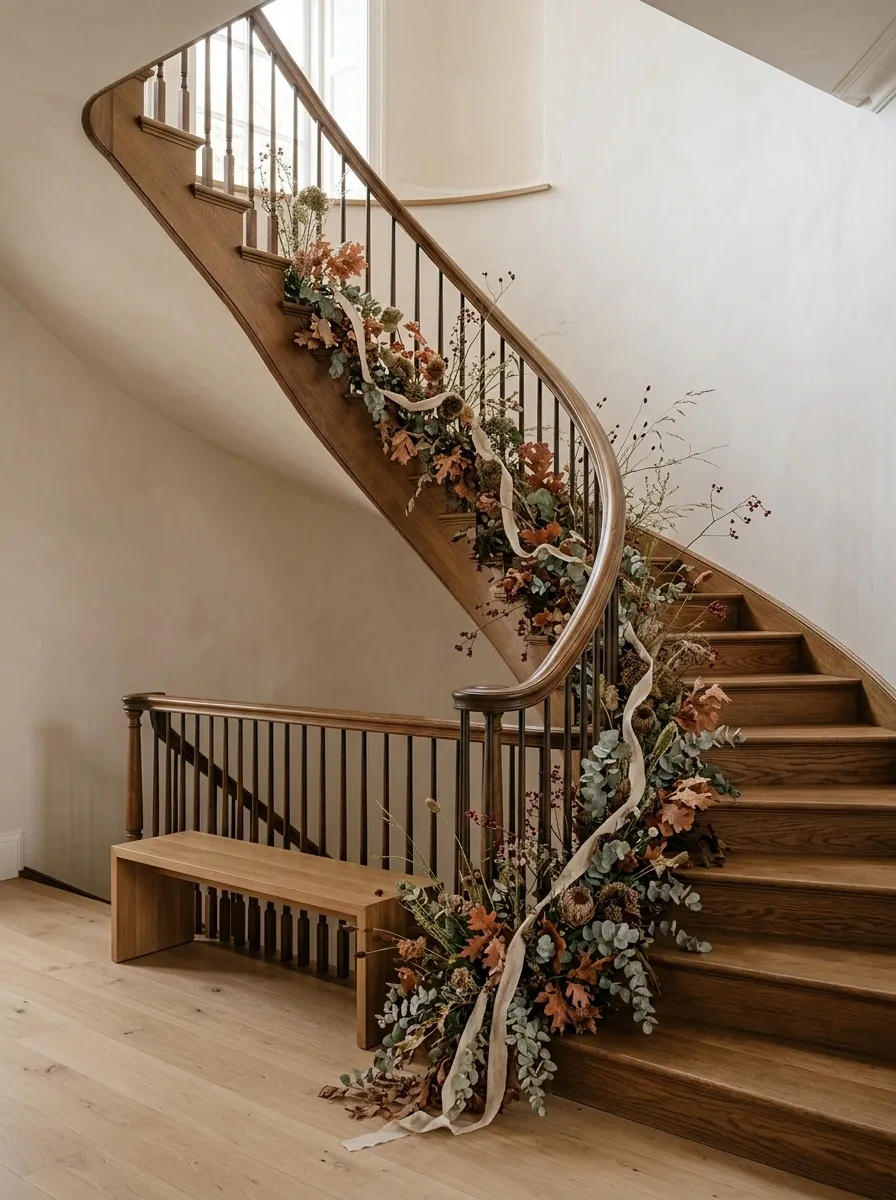Warm Oak Staircase With Asymmetrical Fall Greenery
