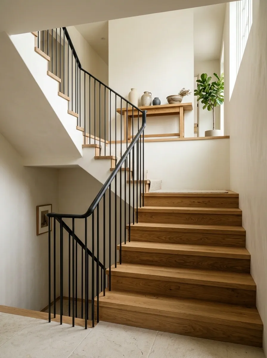 Warm Oak Staircase With Slim Black Steel Railing