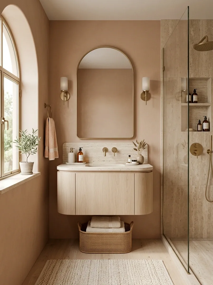 Warm Peach Bathroom With Travertine and Cream Textiles