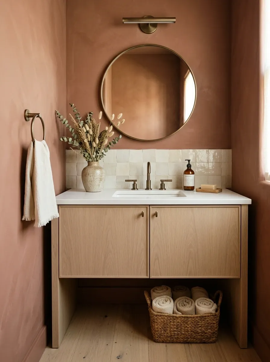 Warm Terracotta Bathroom With Cream and Natural Wood