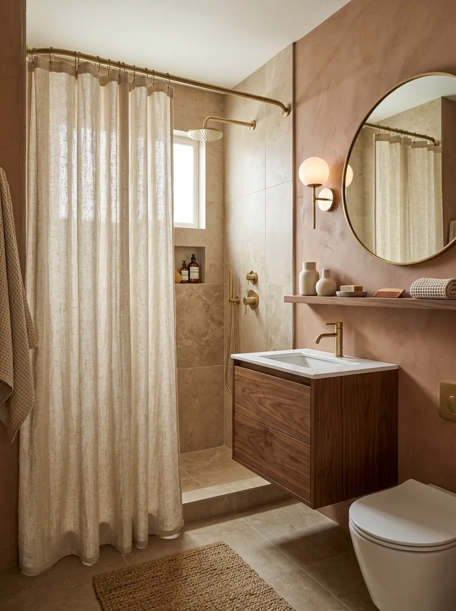 Warm Terracotta Bathroom With Cream Curtain and Walnut Vanity