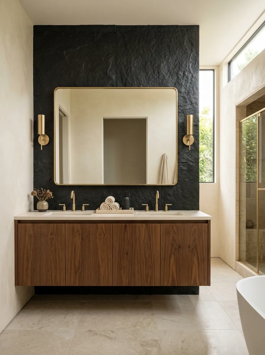 Warm Walnut, Black Stone, and Brushed Gold Bathroom