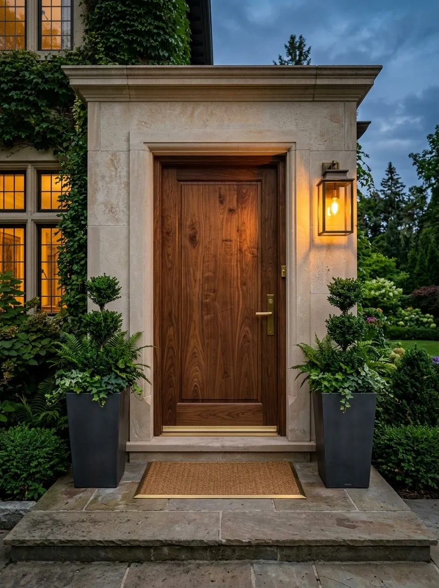 Warm Walnut Door With Soft Lantern Glow