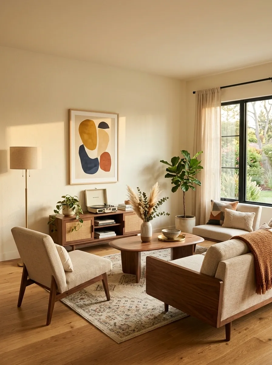 Warm Walnut Living Room With a Compact Sculptural Sofa