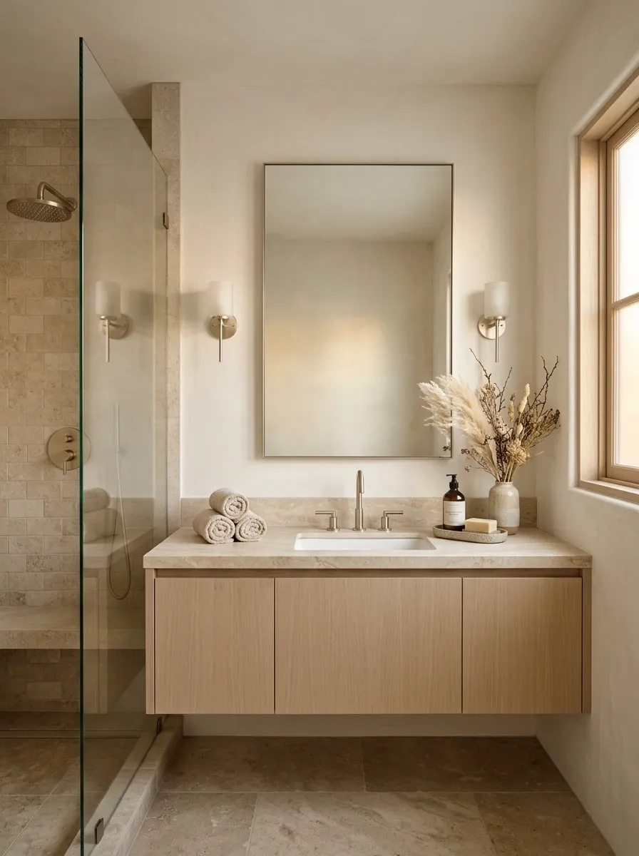 Warm White Bathroom With Tonal Beige Layers