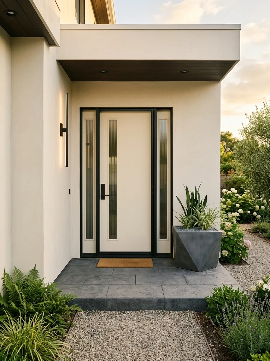 Warm White Door With Black Steel Glass Panels