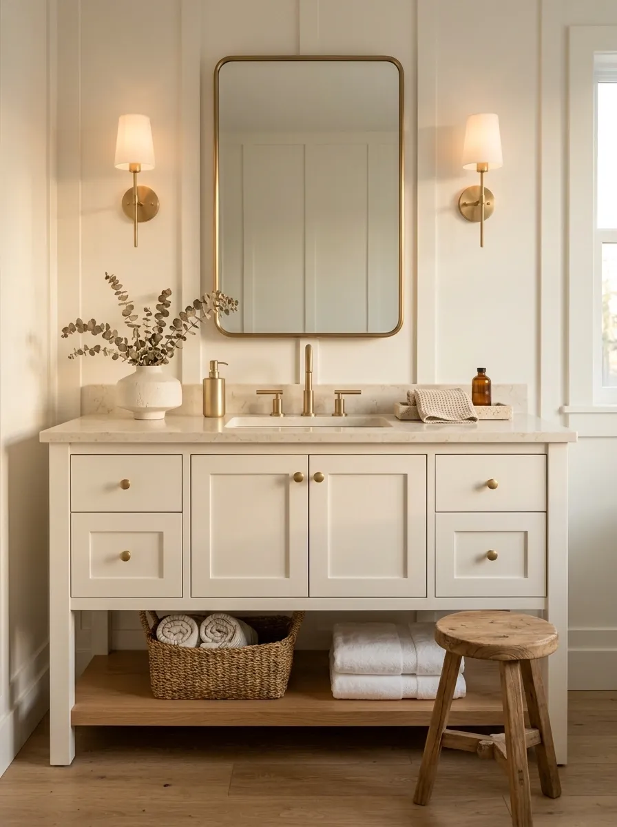 Warm White Vanity With Natural Oak and Soft Brass
