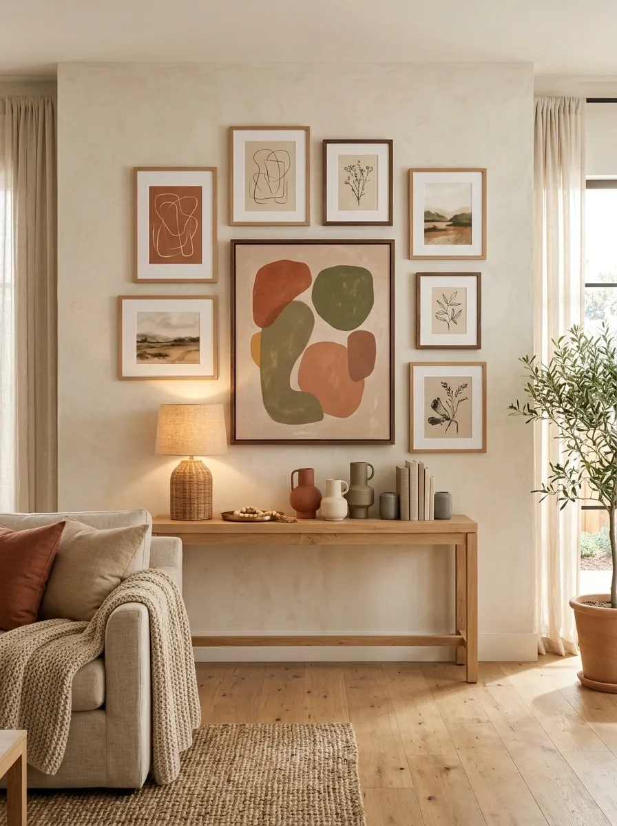 Warm Wood Frame Gallery Wall With Earth-Toned Art