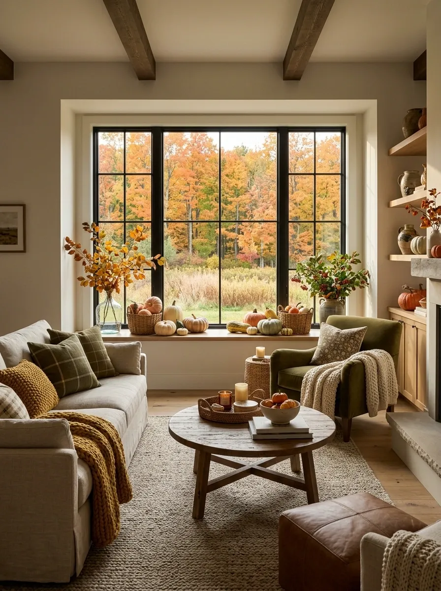 Whimsical Family Room Window With Layered Autumn Color