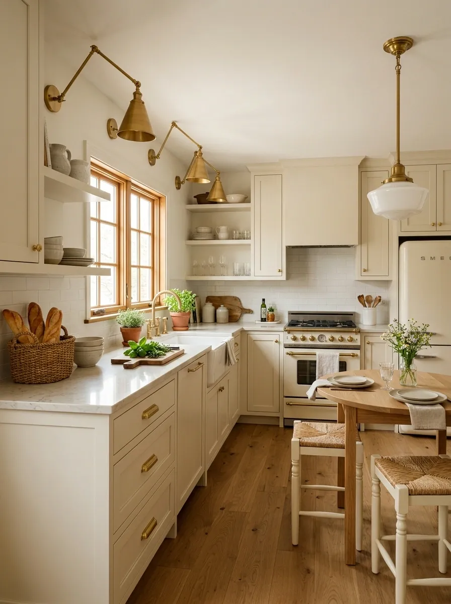 White Kitchen With Warm Brass Library-Style Lighting