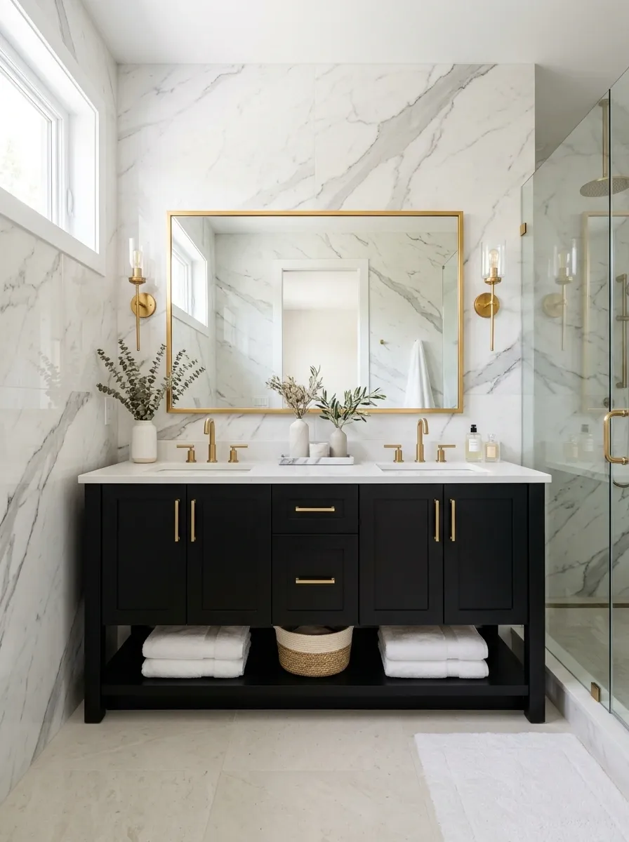 White Marble Bathroom With Black Vanity and Polished Gold Accents