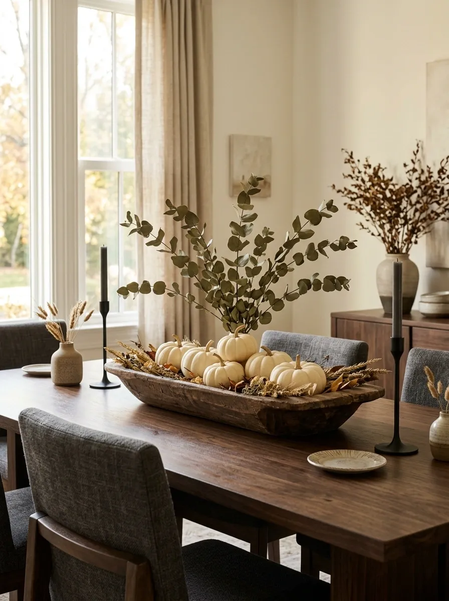 White Pumpkins on a Dark Walnut Table