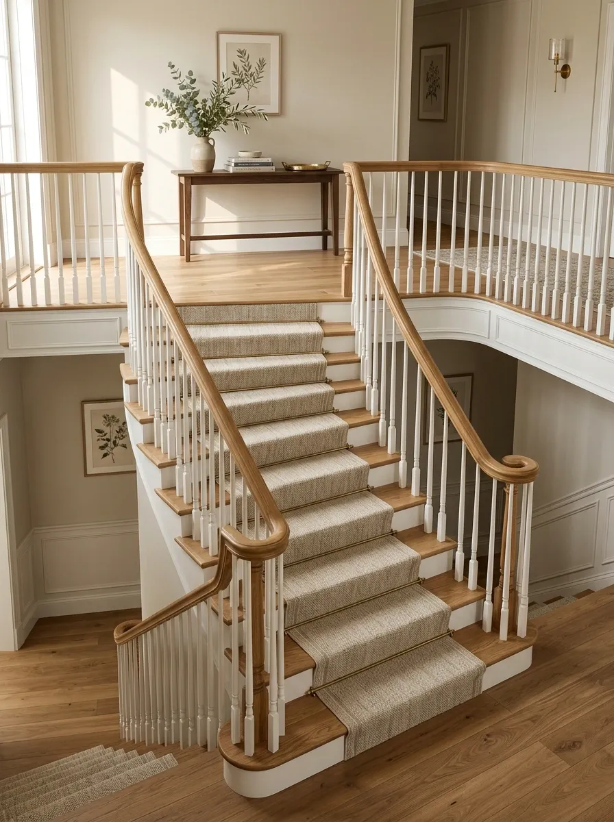 Wide Transitional Staircase With Upholstered Runner