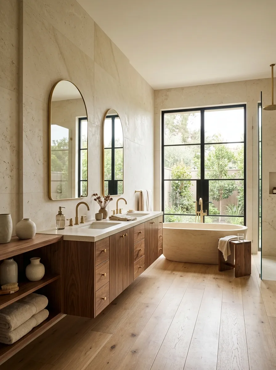 Wood and Stone Pairings Make Bathrooms Feel More Expensive
