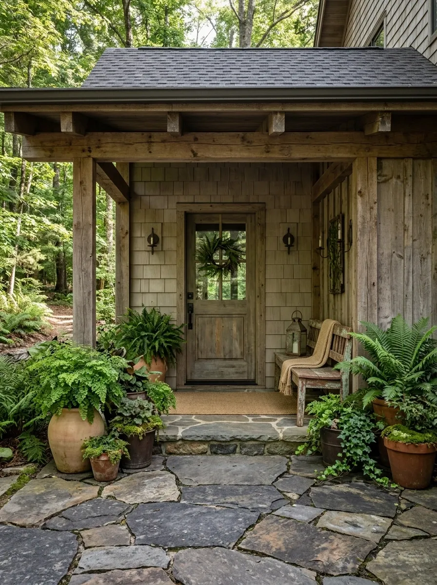 Woodland-Style Porch With Ferns and Natural Stone